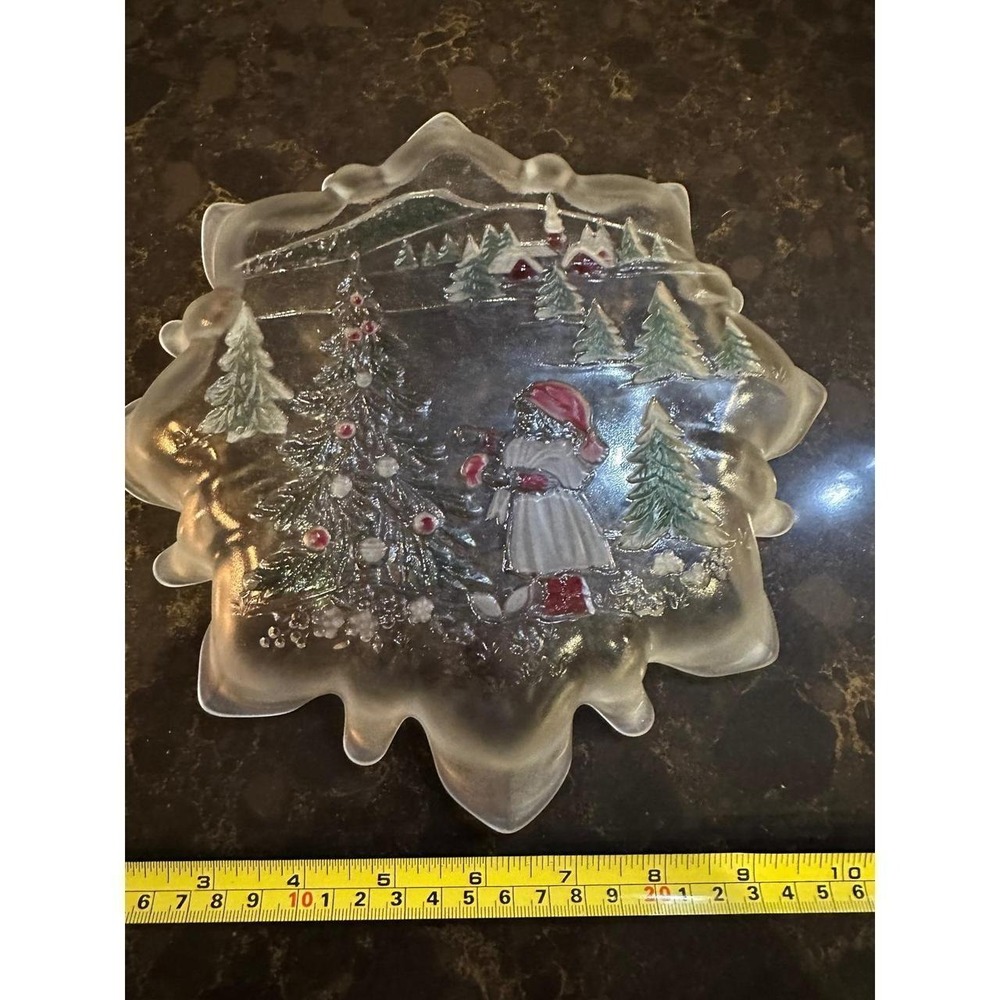 Vintage Frosted Glass Christmas Bowl Hand Painted Winter Scene Scalloped Edge
